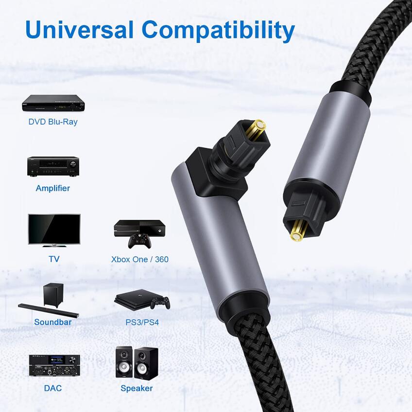 Adaptateur de câble Audio à Fiber optique numérique à 90 degrés, câbles SPDIF plaqués or Toslink de 1m 2m OD4.0 OD5.0