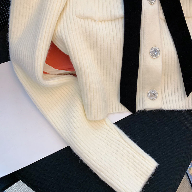 女性カーディガン春秋のセーターシックな弓甘いニットリブ韓国のファッションポケットパッチワーク服女の子カジュアル2023