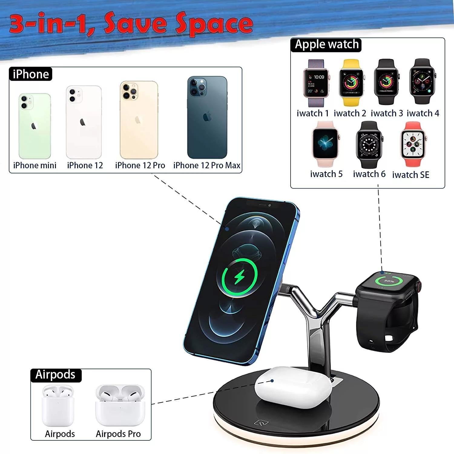 IPhone pour Samsung Apple Wireless Charger 15W Chargers 3 in 1 Station de chargement rapide magnétique pour MAGSAFE 12 Pro Max Watch Air Pods PROS