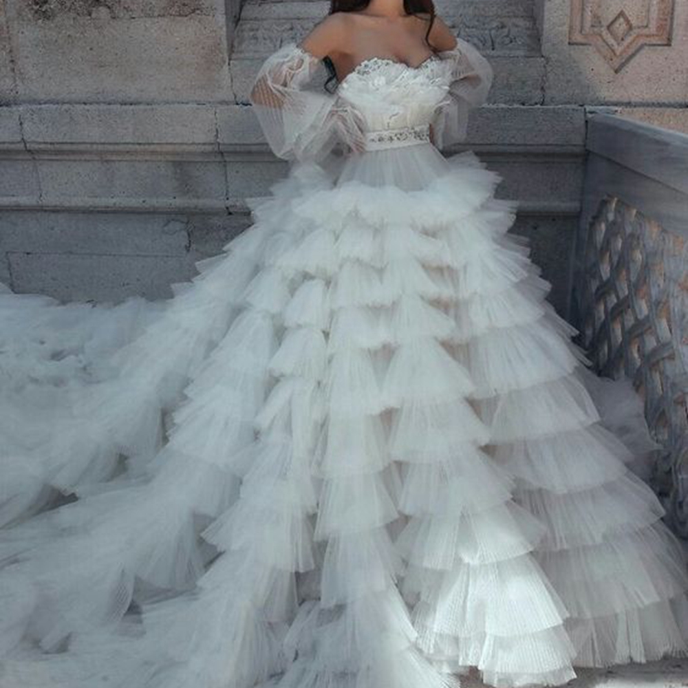 Elegant Sweetheart Prom Dresses Puffy Sleeve Tiered Tulle Formal Evening Dress Party Custom Made Gowns Robe de soiree