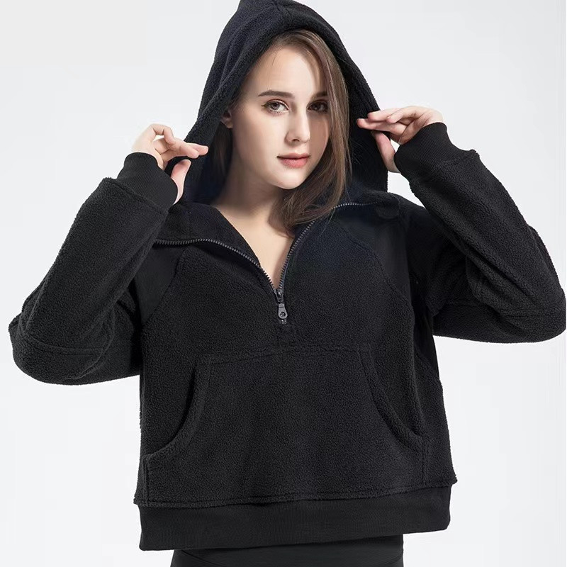 LL Frauen Lamm Herbst Hoodies Sweatshirt Yoga Anzug Jacke Damen Sport Mantel Halber Reißverschluss Pullover dicker lockerer kurzer Stil mit Fleece