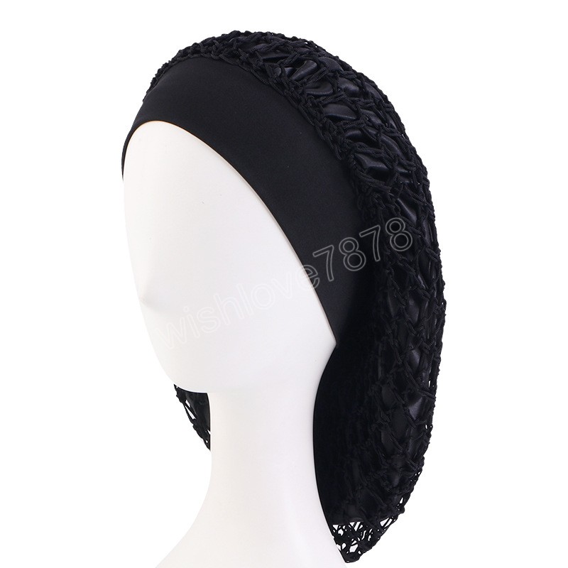 Bonnets de nuit en Satin Double couche pour femmes avec filet élastique en filet au Crochet couvre-tête Turban casquette de perte de cheveux