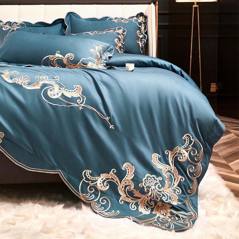 High-end ouro bordado conjunto de cama luxo 4 pçs azul egito algodão capa edredão folha linho fronhas cor sólida casa textil285d