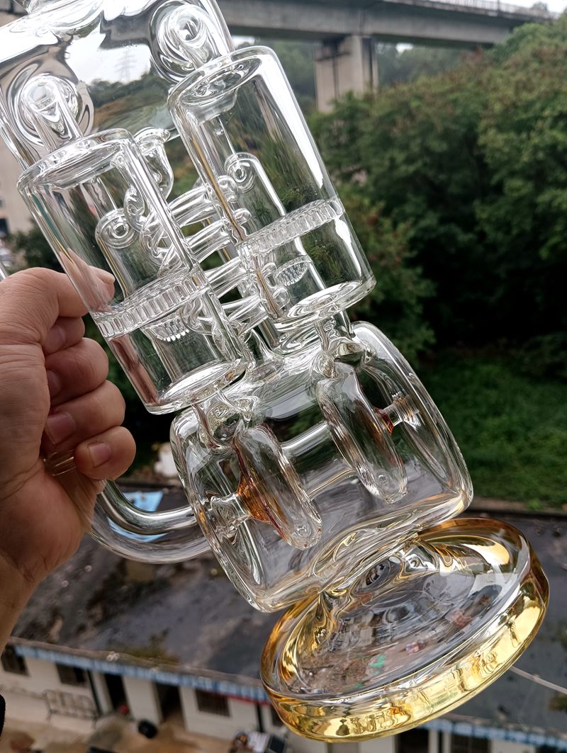 Yellow 18 Inch Glass Bong Hookahs Water Recycler Oil Dab Rig with Honeycomb Filters 14mm Female Smoking Pipes