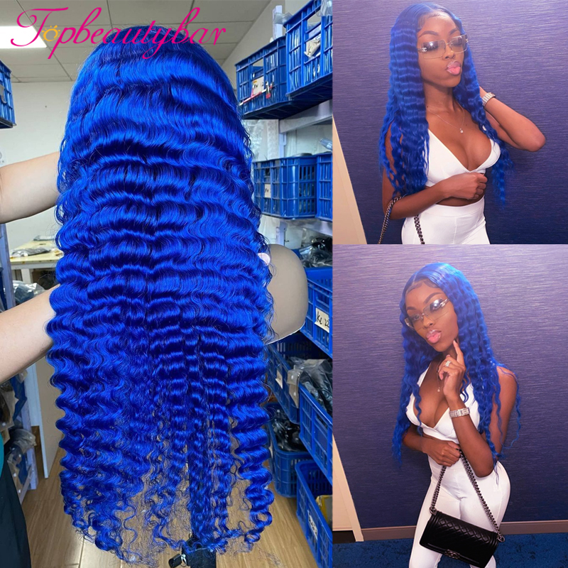 30'' 180 Density Long Blue Colored Lace Front Wig Human Hair For Women Deep Wave Synthetic Lace Frontal Wig