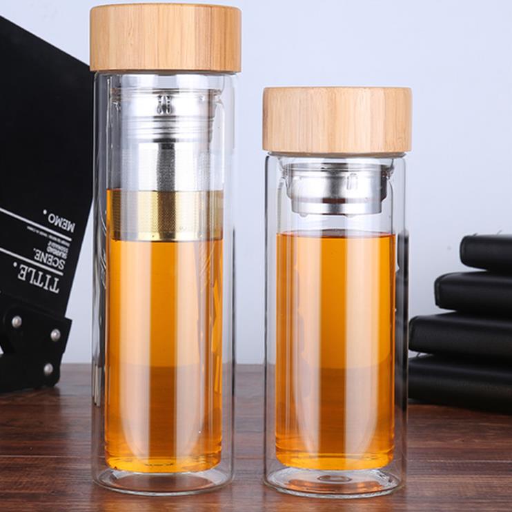 350/450Ml Double Wall Glass Water Bottle Tea Infuser Office Tea Cup Stainless Steel Filters Bamboo Lid Travel Drinkware SN284
