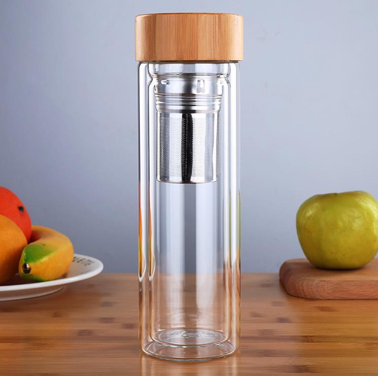 350/450Ml Double Wall Glass Water Bottle Tea Infuser Office Tea Cup Stainless Steel Filters Bamboo Lid Travel Drinkware SN284