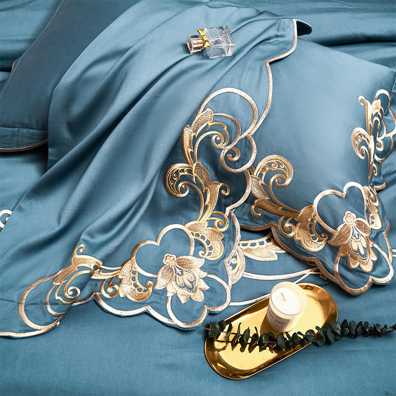 High-end ouro bordado conjunto de cama luxo 4 pçs azul egito algodão capa edredão folha linho fronhas cor sólida casa textil285d