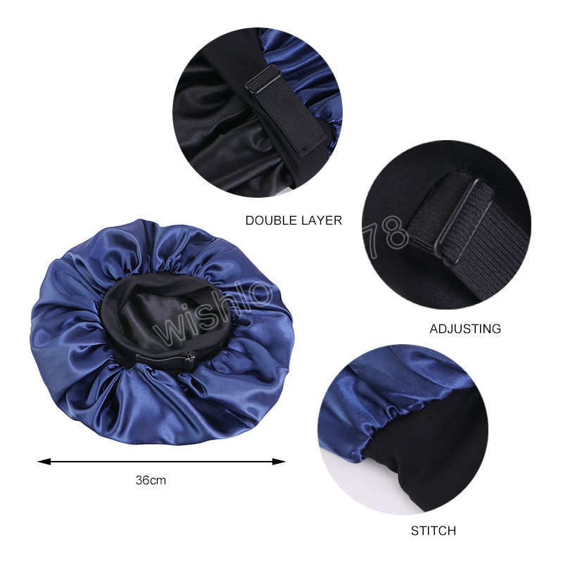 Bonnet de cheveux en Satin soyeux, Turban Double couche avec bouton de réglage plat Invisible, Bonnet enveloppant