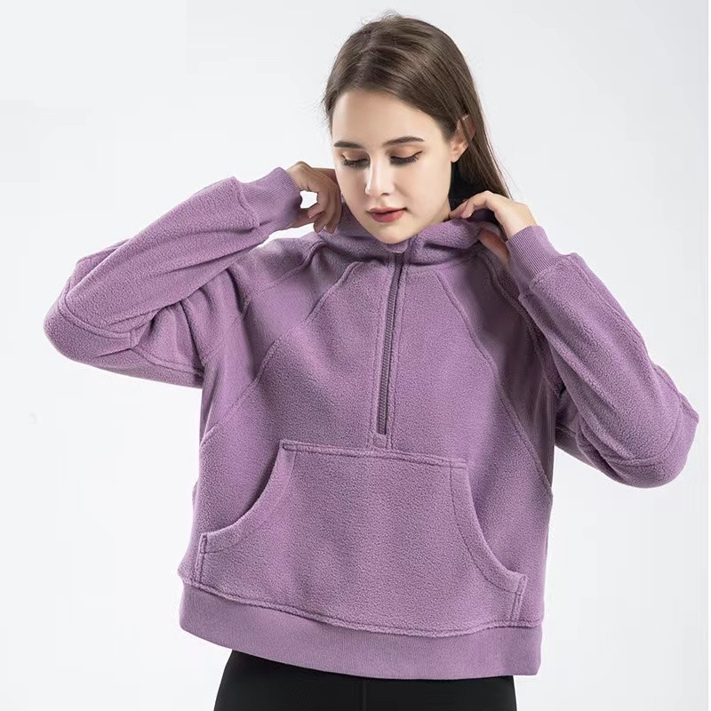 LL Frauen Lamm Herbst Hoodies Sweatshirt Yoga Anzug Jacke Damen Sport Mantel Halber Reißverschluss Pullover dicker lockerer kurzer Stil mit Fleece