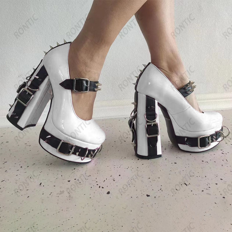 Ронтика New Women Platform Punk Pumps Sexy Block Block Heels круглой ноги великолепные розовые белые желтые ночные туфли клуба Us Size 5-15