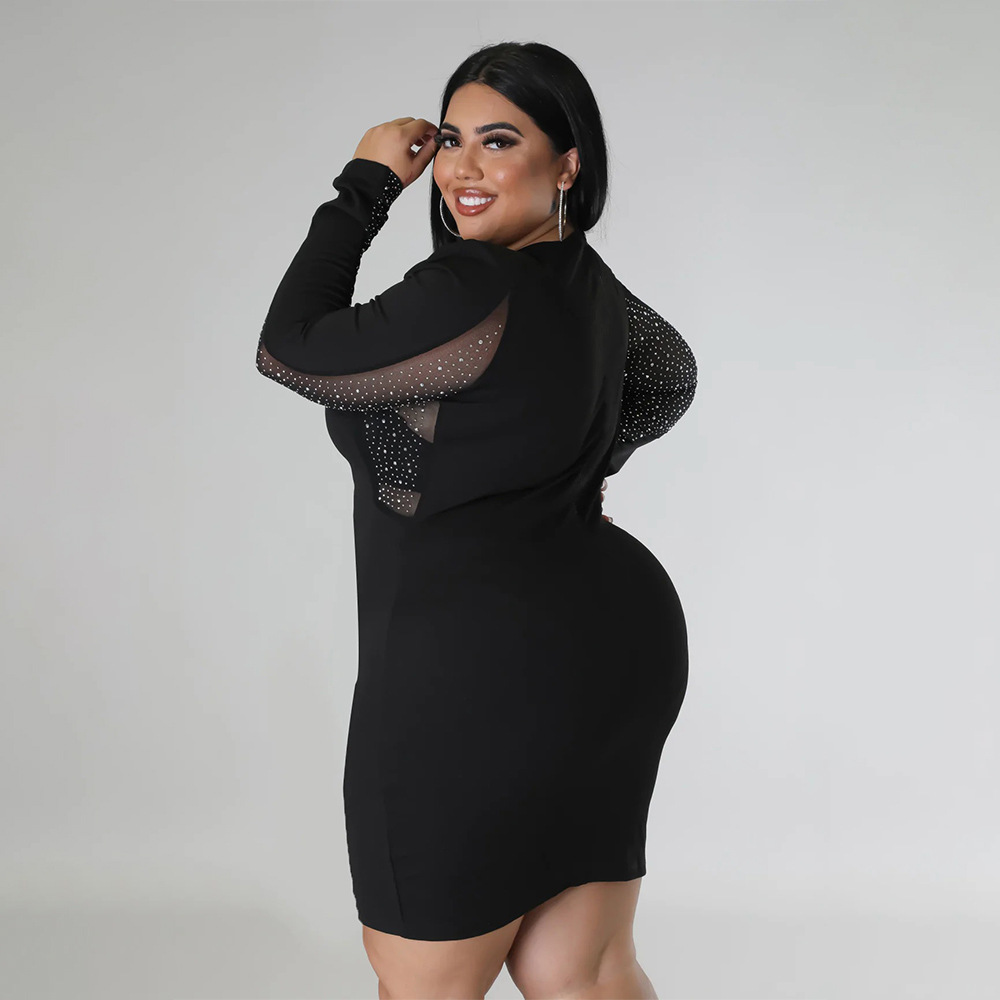 Femmes Plus Size Mini Robes Casual Manches Longues Strass Bodycon Party Club Dress Sexy