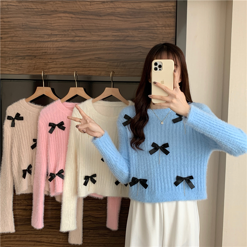 Pull en laine mohair à col rond pour femmes pulls courts tricotés avec nœud mignon