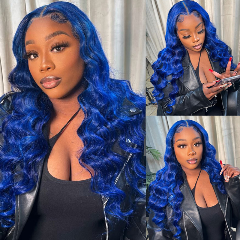30'' 180 Density Long Blue Colored Lace Front Wig Human Hair For Women Deep Wave Synthetic Lace Frontal Wig