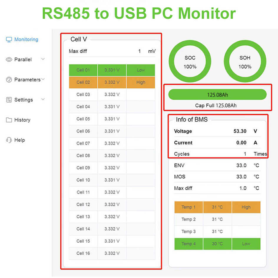 48V 120Ah LiFePO4-Akku, integrierter 16S BMS 51,2V 100Ah 200Ah Lithium-Wechselrichter-Akku 6000 Zyklen PC-Monitor mit RS485 CAN