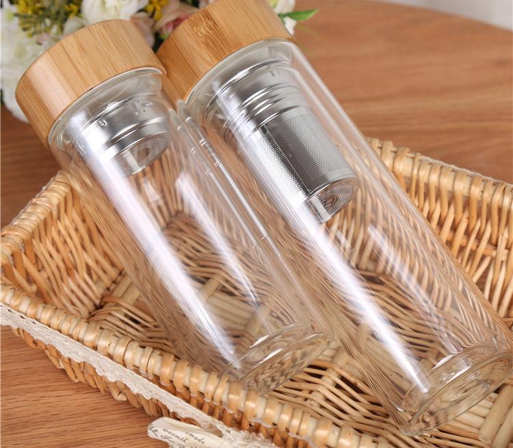 350/450Ml Double Wall Glass Water Bottle Tea Infuser Office Tea Cup Stainless Steel Filters Bamboo Lid Travel Drinkware SN284