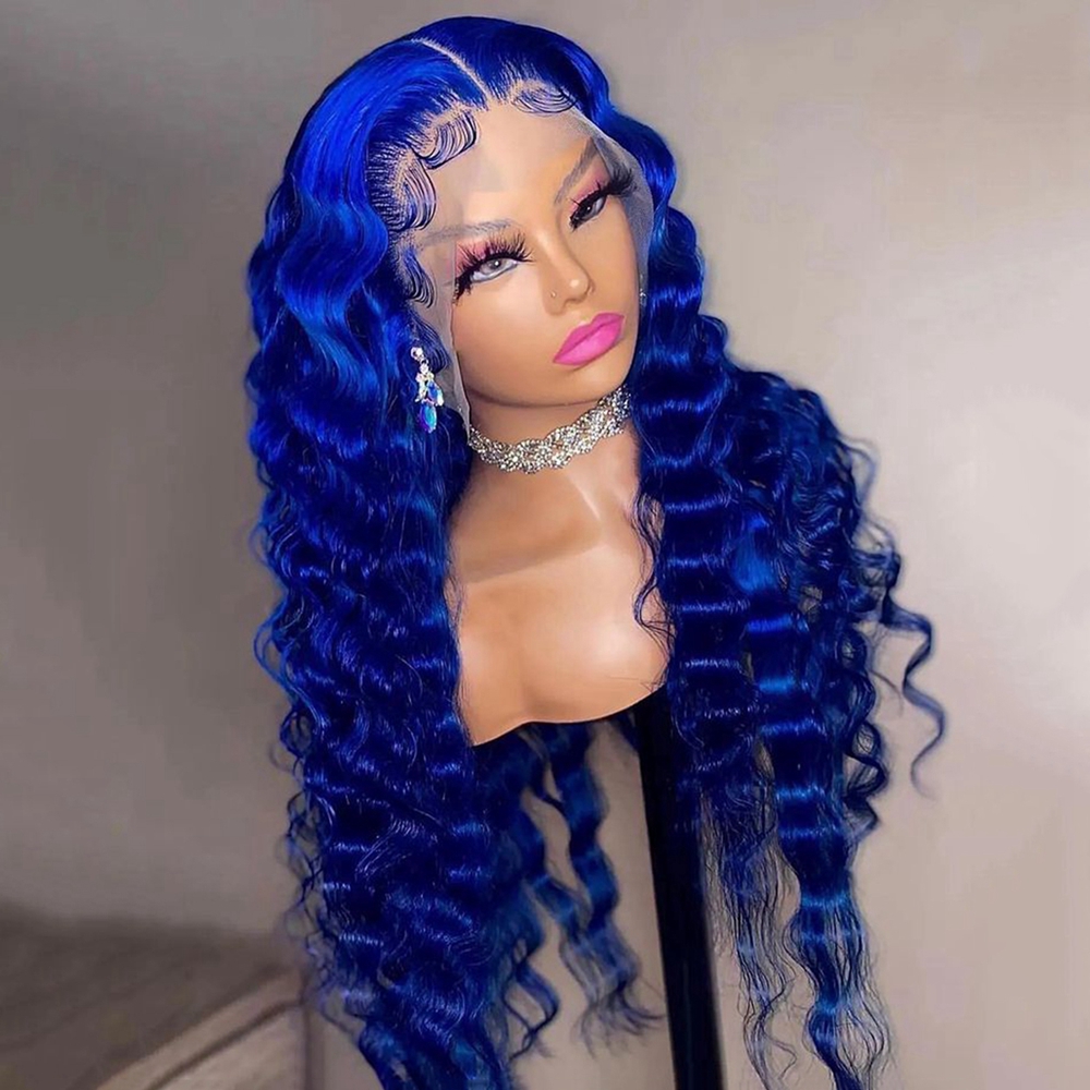 30'' 180 Density Long Blue Colored Lace Front Wig Human Hair For Women Deep Wave Synthetic Lace Frontal Wig