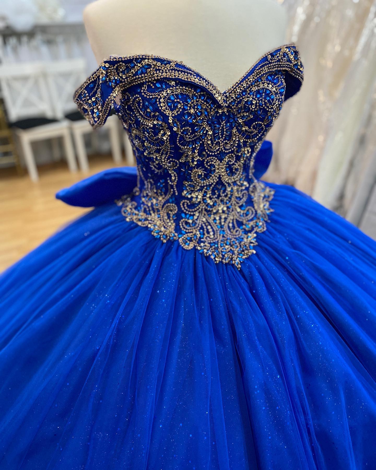 Royal Blue Floral Quinceanera Dresses 2023 Bow Plus Size Ball Gown Masquerade Princess Girl Glitter Long Sweet 16 Prom for 15 Years Off-the-Shoulder Quince 15 Beading