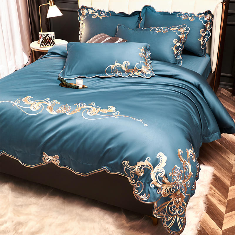 High-end ouro bordado conjunto de cama luxo 4 pçs azul egito algodão capa edredão folha linho fronhas cor sólida casa textil293h