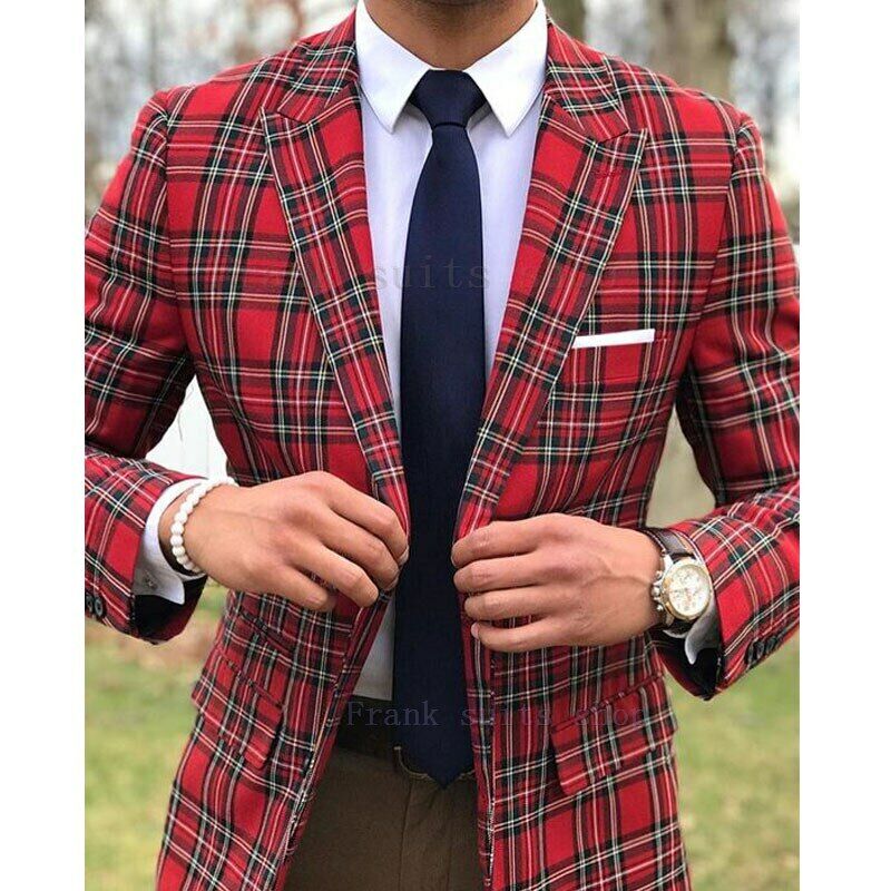 Red Plaid Men's Wedding Tuxedos for Obwadnik Pamięci Procy garnitury Slim Fit Wedding Wear Kurtka i spodnie