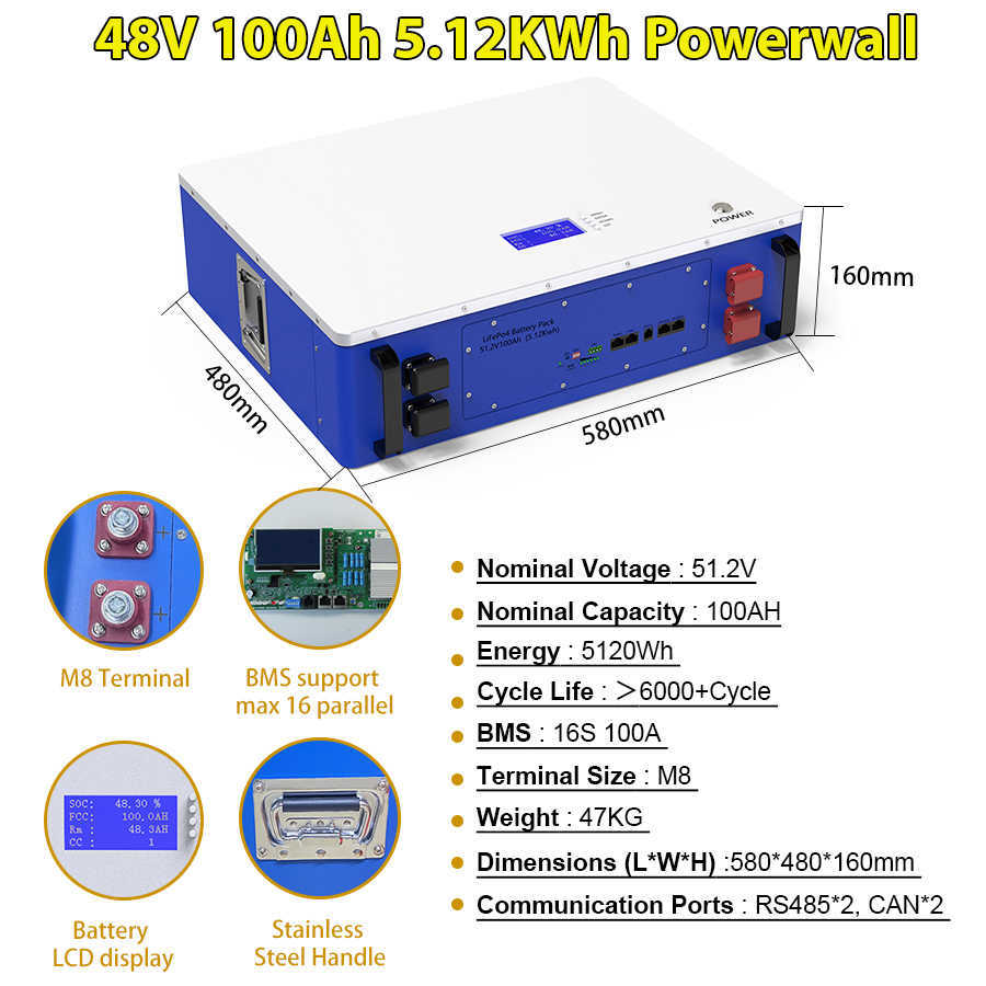 48V 100AH ​​200AH POWERWALL LIFEPO4 배터리 팩 51.2V 5KWH 10KWH 내장 16S 100A BMS RS485 캔 10 년 수명