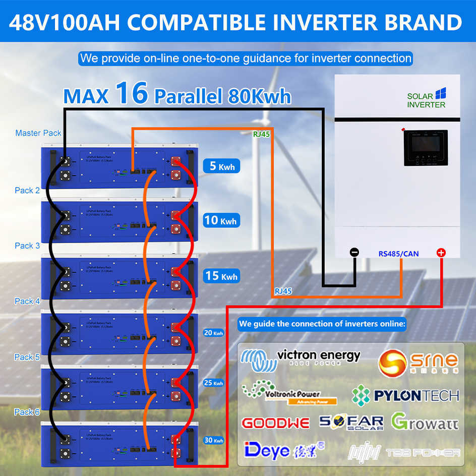 Powerwall 48V 100AH ​​200AH LIFEPO4 Bateria 6000 ciclos 5kW 10kW 16S 51,2V BMS RS485 CAN PC Monitor para Off/On-Grid PV System