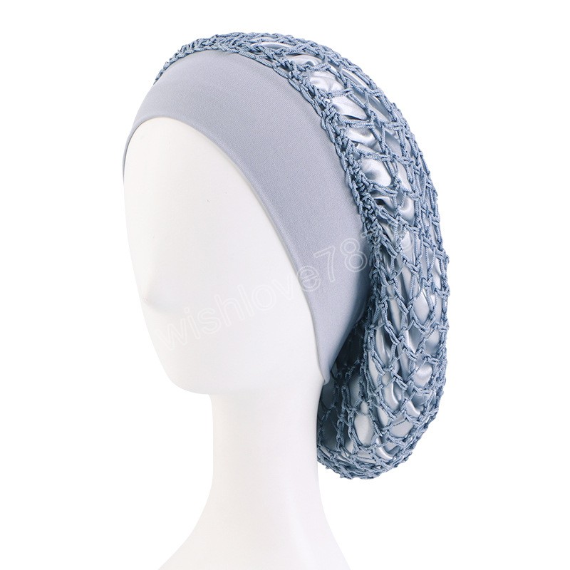 Bonnets de nuit en Satin Double couche pour femmes avec filet élastique en filet au Crochet couvre-tête Turban casquette de perte de cheveux