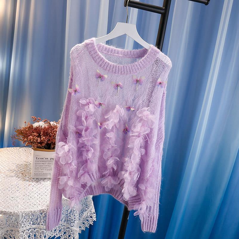 Damska wełna wełniana wełna wełniana cienkie puste wydobycie 3D Butterfly Rhinestone Patched Sweater Jumper