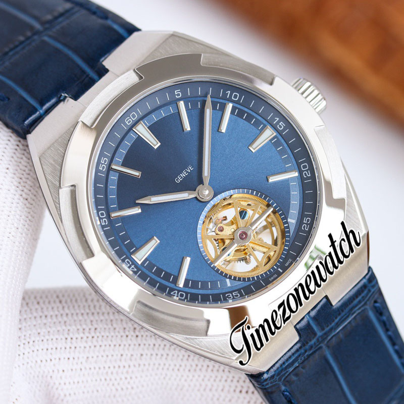 TWF 42,5 mm Overseas Skeleton Tourbillon Herrenuhr Automatik 6000 V/110 A-B544 blaues Zifferblatt Stickmarkierungen Edelstahlarmband Uhren TWVC Timezonewatch E175A2