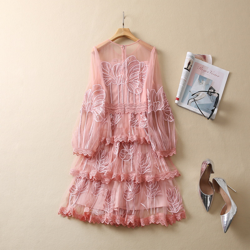 2023 Spring Pink Floral Embroidery Tulle Dress Long Sleeve Round Neck Sequins Tiered Knee-Length Casual Dresses S2N221459 Plus Size XXL