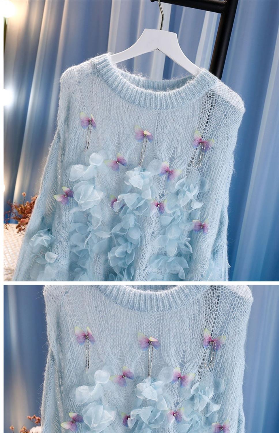 Damska wełna wełniana wełna wełniana cienkie puste wydobycie 3D Butterfly Rhinestone Patched Sweater Jumper