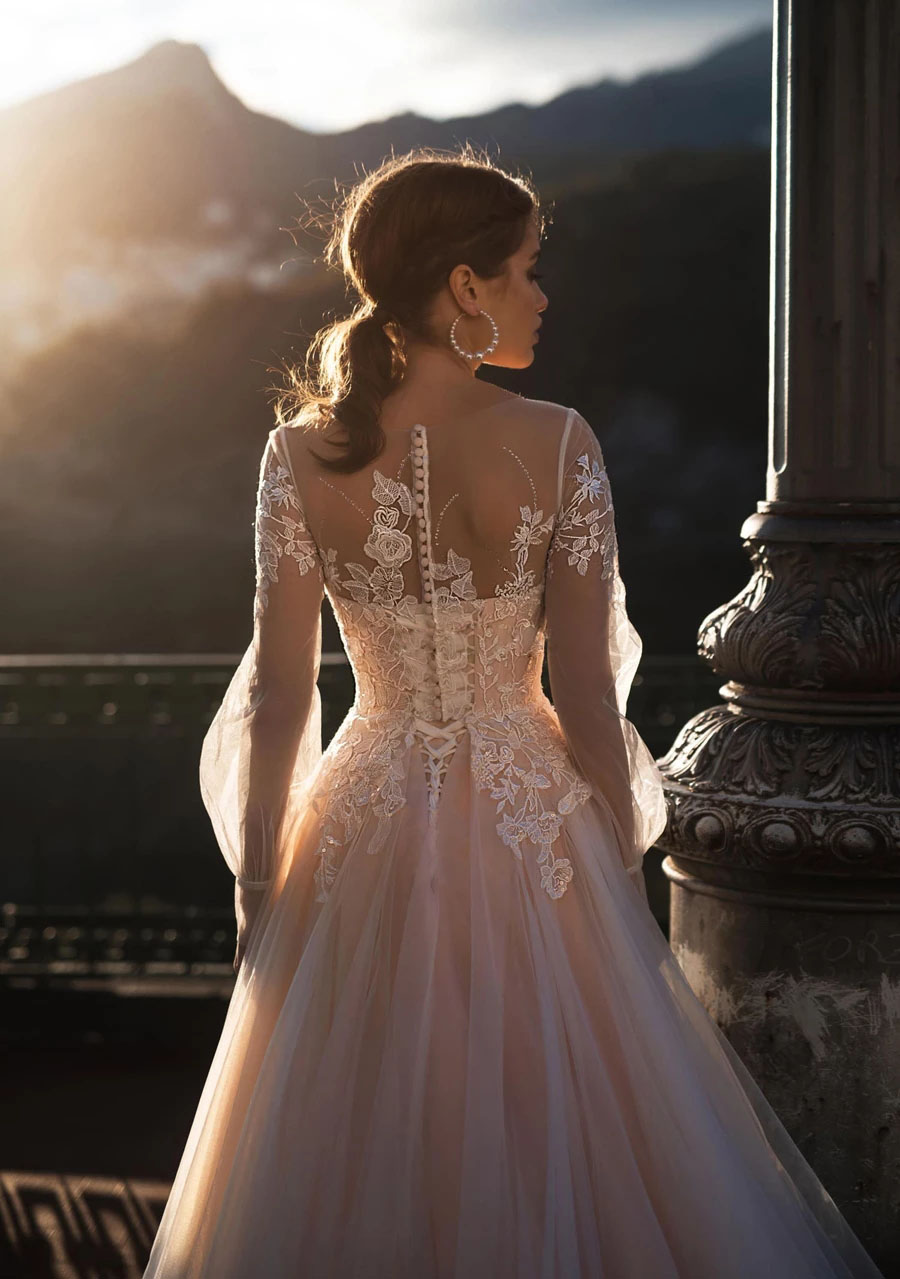 Robe de mariée princesse Champagne, ligne A, avec manches bouffantes, col rond transparent, boutons en dentelle au dos, robes de mariée formelles