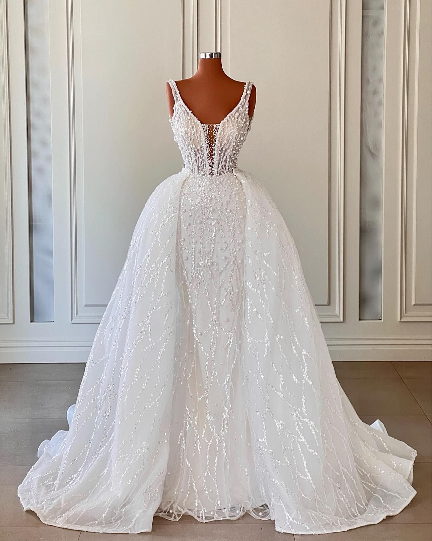 Gillter Pearls Mermaid Wedding Dresses With Puffy Detachable Train 2023 V-neck Lace Beaded Princess Trumpet Bridal Gown