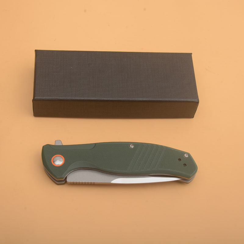 Kampanj G1126 FLIPPER FOLLING KIFT D2 SATIN DROP POINT BLADE GRÖN G10 med rostfritt stålhandtagskul med snabbt Öppna EDC -fickmappknivar