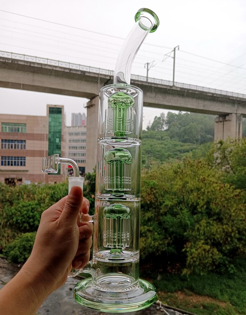 16 Inch Green Glass Bong Hookahs with Triple Arm Tree Perc Water Recycler Dab Rig Smoking Pipes