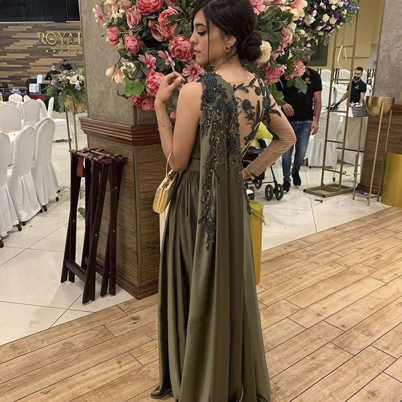 Arabische One Shoulder Olive Green Moslim Avondjurk met Cape Long Sleeves vrouwen prom feestjurken formele jurken elegant plus formaat