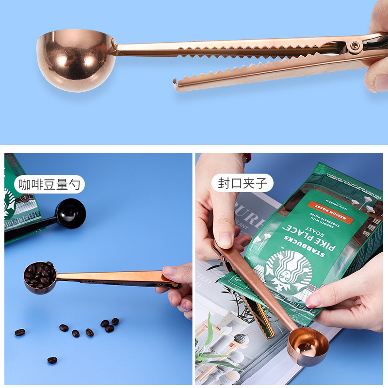 Stainless steel coffee spoon with clip 2in 1 multi-functional food sealing measuring spoon milk powder