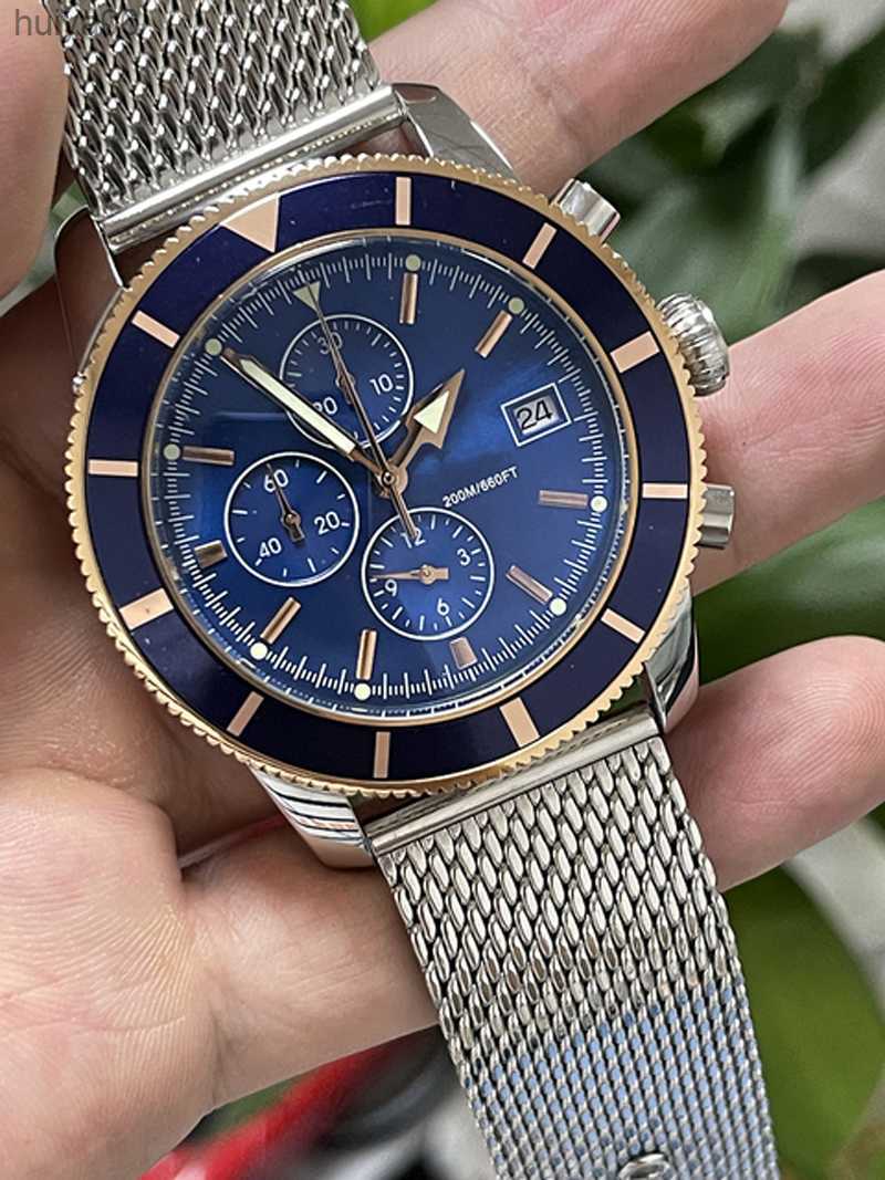 46 mm Mens de cuarzo cronógrafo reloj Superocean Black Blue Calendar Sapphire Crystal Correa de acero inoxidable Huiya06252t