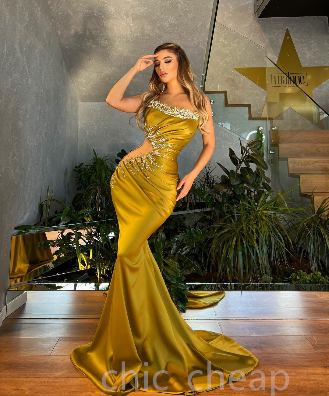 2022 arabo Aso Ebi oro sirena abiti da ballo cristalli di perline raso da sera festa formale secondo ricevimento compleanno abiti di fidanzamento vestito ZJ780