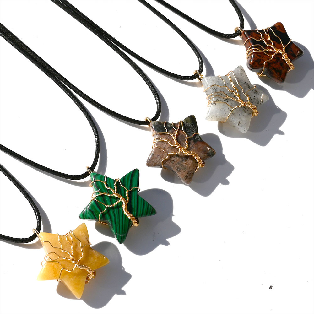 Natural Stone Star Shape Pendant Gold Wire Wrap Tree of Life Mixed Necklace Jewelry Accessories Making Wholesale