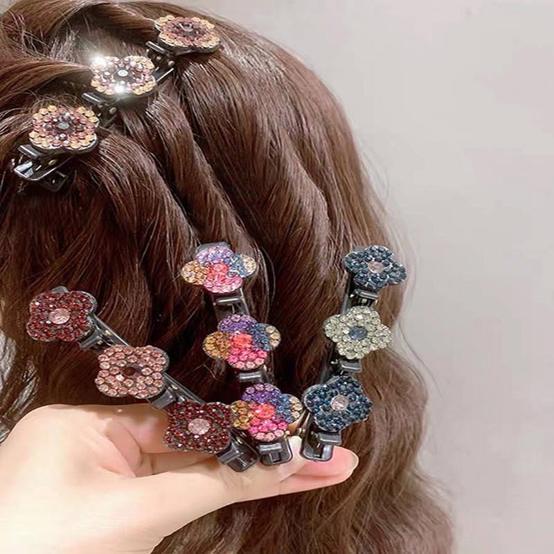 Clipes de cabelo tran￧ados Moda Moda Crystal Stone Bangs Side Barrettes Garra de cabelo de pato el￡stico com 3 pequenos pinos para diariamente