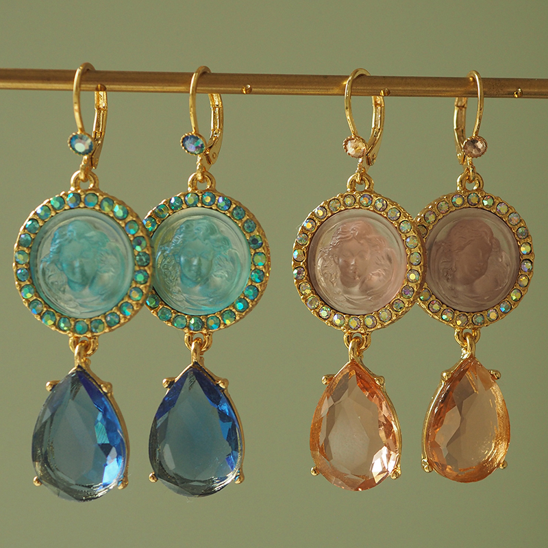 Brincos de lustre de cristal azul vintage Prong, que configura strass com grande pedra de pedras preciosas femininas de feminina de marca