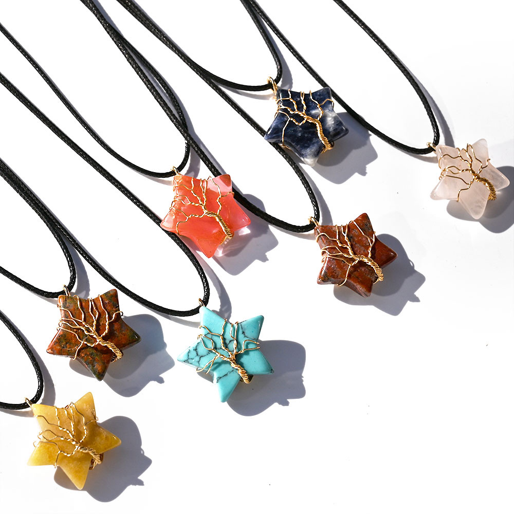 Natural Stone Star Shape Pendant Gold Wire Wrap Tree of Life Mixed Necklace Jewelry Accessories Making Wholesale