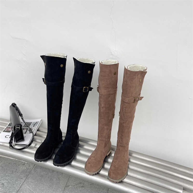 Dress Shoes snow boots knee length plush boots winter new thick heel brown high tube fur integrated