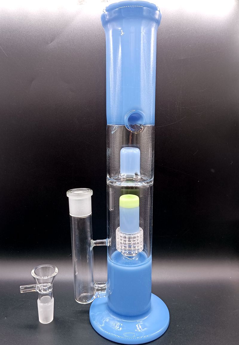 Blue Glass Water Bong Hookahs with Double Layer Tire Perc 18mm Female Water Recycler Dab Rig Shisha