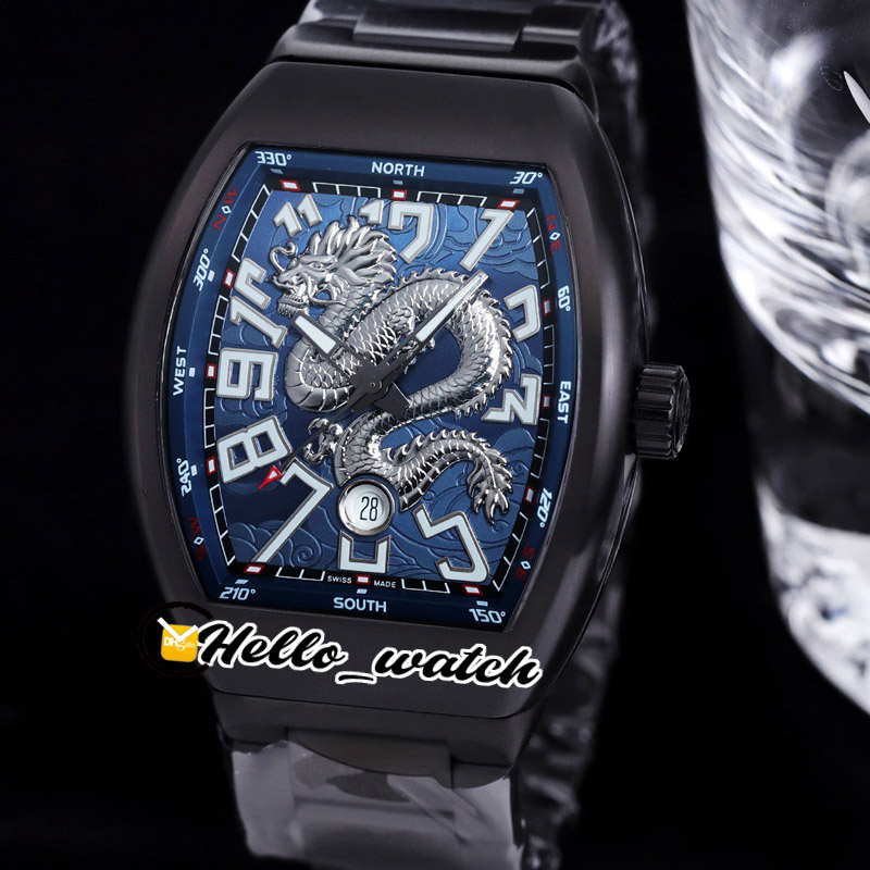 44mm Vanguard V45 Automatik Herrenuhr 3D Dragon King Blaues Zifferblatt Edelstahlarmband Neue Uhren HelloWatch HWFM E242C2