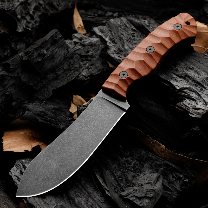 H1122 JG5 Survival Straight Knife 1095 High Carbon Steel Black Stone Wash Blade Full Tang Micarta Handle Fixed Blade Knives with Leather Sheather