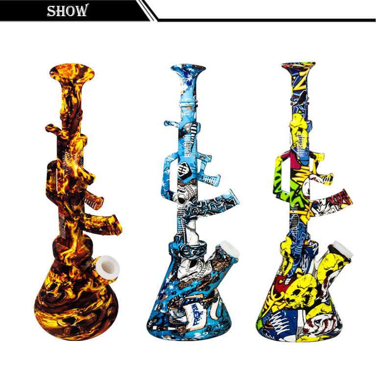 Water Transfer Printed Silicone Bong Mixed Colored Bongs with Glass Bowl