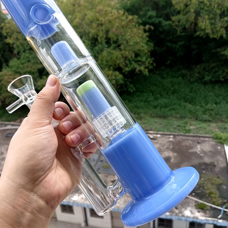 Blue Glass Water Bong Hookahs with Double Layer Tire Perc 18mm Female Water Recycler Dab Rig Shisha