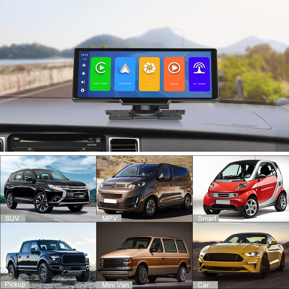 Moniteur vidéo de voiture portable HD 9,3 pouces 64 Go DVR sans fil CarPlay Écran de navigation Écran de contrôle tactile Androidauto Caméra avant et arrière pour toutes les voitures